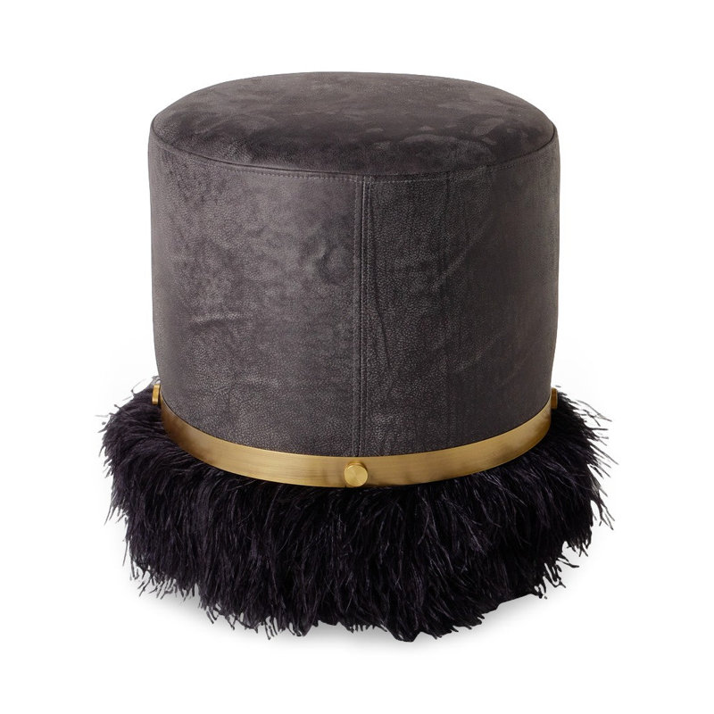 Leather Ostrich Fluff Pouf, Charcoal/Black