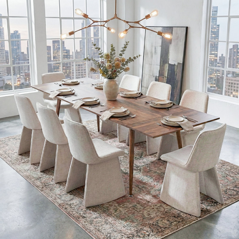 Ensemble de salle à manger extensible 9 pièces avec chaises en lin 9 pièces, Beige