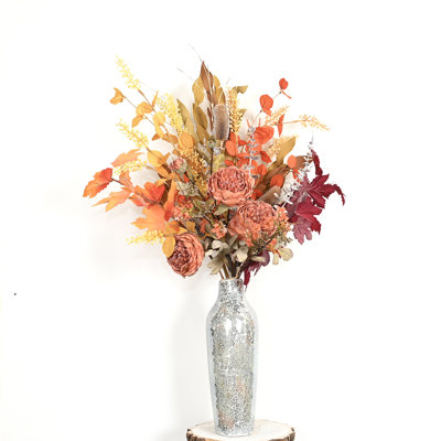 36" Artificial Rustic Fall Peony Floral Bouquet, For Vase Filler Home Wedding Party Decoration Dining Table Centerpiece, Maple Leaf & Thistle Faux Flower Arrangement for Harvest Decor