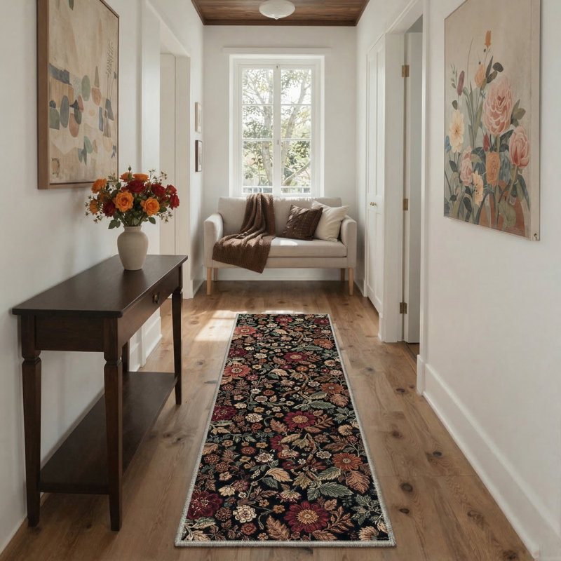 Tapis d'intérieur noir lavable à la machine avec envers antidérapant Eden, Tapis de couloir 2 pi 6 po x 8 pi