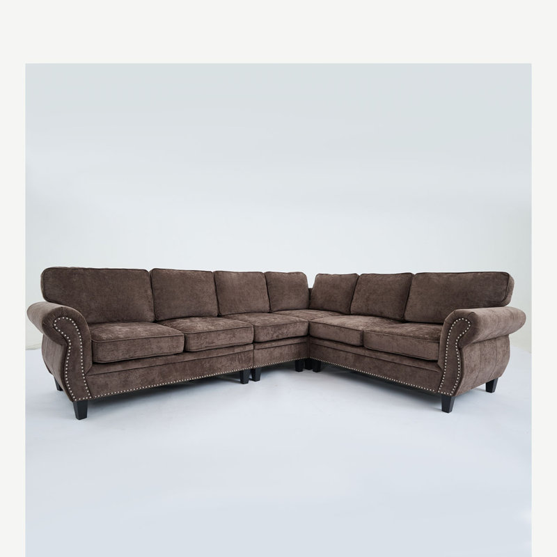Virelia 3-Piece Modular Sectional Sofa With Decorated Rolled Armrest, Chocolate Polyester