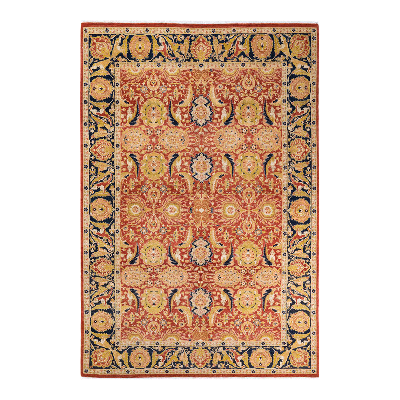 Tapis orange en laine noué à la main de conception unique 5 pi 10 po x 9 pi Hayner