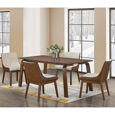  Rectangular Wooden Dining Set With Padded Seats In Walnut And Beige