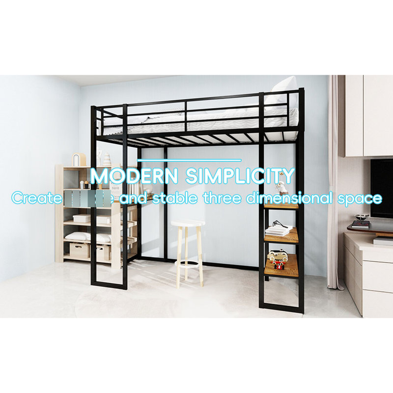 Lit en fer noir avec escalier des deux côtés pour chambre à coucher simple, avec un design peu encombrant et un cadre à assemblage rapide.