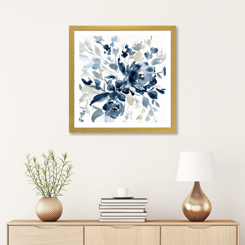 « indigo jardin i » par carol robinson, reproduction d’art, H 24 po x l 24 po x P 1 po, Papier encadré doré