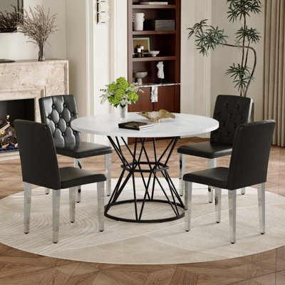 7PCS Table And Chair Set. Circular MDF Dining Table With Hourglass Shaped Metal Base Paired With 6 Ergonomic Buckle Backrest Dining Chairs