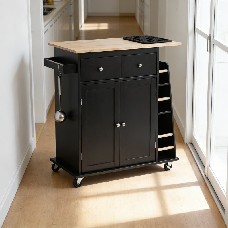 Kitchen Island Cart With Storage Cabinet, 2 Drawers, Spice Rack And Wine Rack - Mobile Rolling Trolley With Lockable Wheels And Durable Rubber Wood Countertop