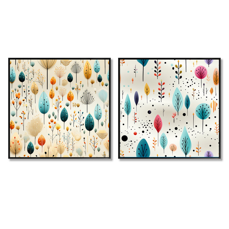 Jefferies - Ensemble de 2 collages carrés botaniques abstraits, Cadre flottant noir, H 36 po x l 73 po