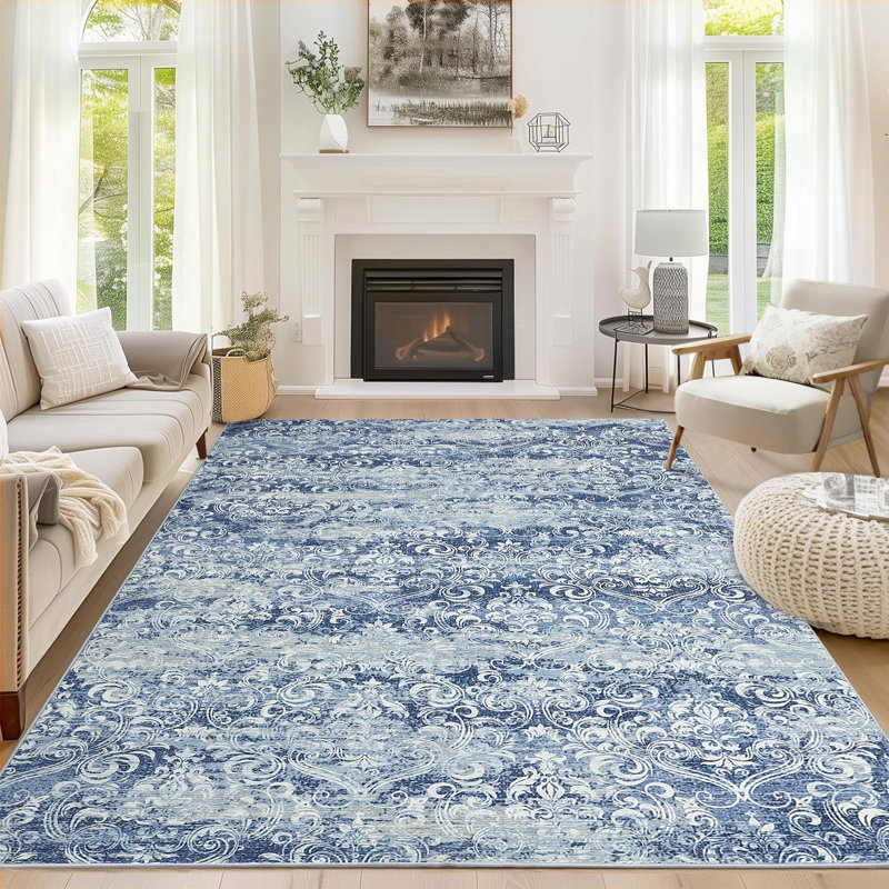 Floral Machine Washable Rug with Rubber Backing for Living Room Large Non-Slip Dining Room Rug Easy-Cleaning Floor Carpet for Bedroom Office Nursery Playroom