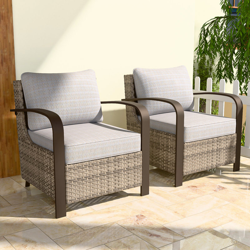 Patio Brown Wicker Lounge Chair, Metal Curved Armrest, Cushion (Set of 2), Beige