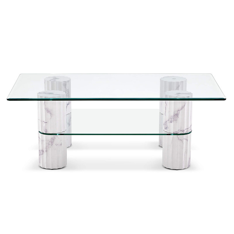 44"W×24"D Rectangular Coffee Table with Tempered Glass Top, Roma Stylish Legs, White