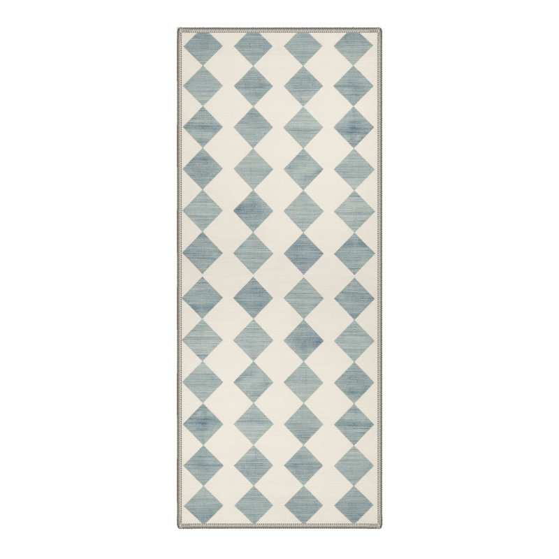 Liadan Diamondix Geometric Machine Washable Blue / Beige Indoor Area Rug with Non-Slip Backing, Runner 2'6" x 8'