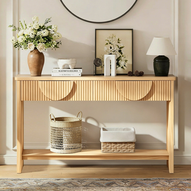 55" Fluted Console Table, Semi‑Circular Drawers With Vertical Strip Decor, Solid Wood Tabletop, Soft‑Closing, Bot