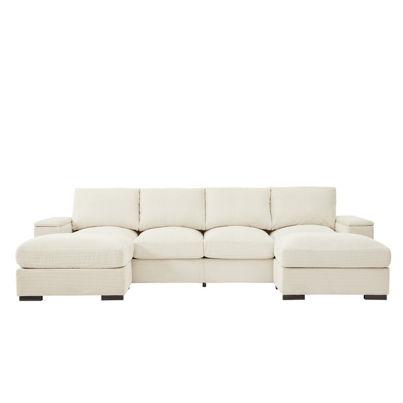 Canapé modulaire à assise profonde avec repose-pieds et canapé-lit en velours côtelé, Beige