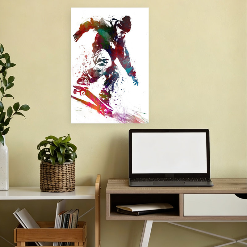 Dynamic Skateboard Action Abstract Colorful Energetic Urban Wall Art Print 1 Piece Wrapped Canvas Wall Art