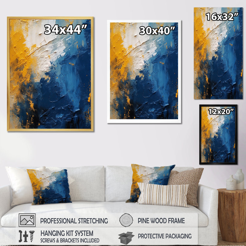 Blue And Yellow Intuitive Expressions I Framed On Canvas Print, Gold Single Picture Framed, 40" H x 30" W x 1.5" D