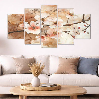 Art mural, fleur de cerisier brun, toile florale, fleurs de cerisier avec aquarelle brune terreuse 5 pièces