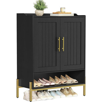 Rangement à chaussures à 5 niveaux avec portes, armoire à chaussures d'entrée en bois, étagère à chaussures autoportante avec 3 tablettes réglables, armoire de rangement pour couloir, or et noir