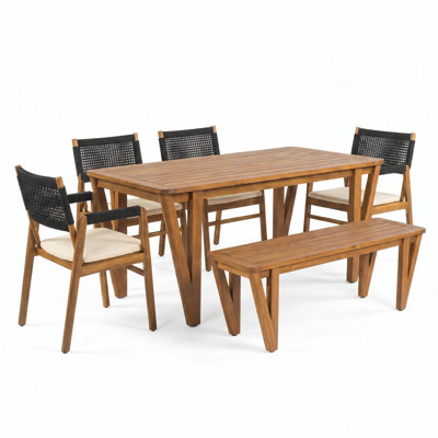 Brendalyn Patio 6-Person Acacia Wood Dining Set With Rope Woven & Bench