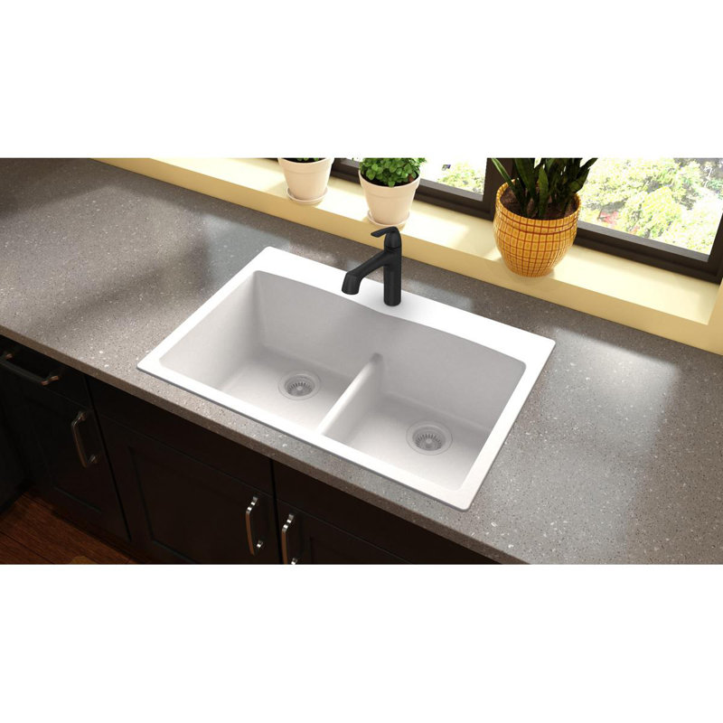 Quartz Classic 33" x 22" x 10" Double Basin Drop-In Kitchen Sink, White