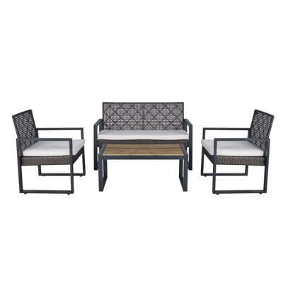 4-Piece Outdoor Patio Conversation Set With Wicker Chairs & Acacia Wood Coffee Table