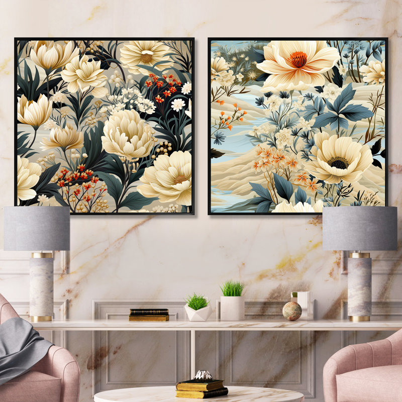 Searcy - Ensemble de 2 collages carrés floral et botanique, Cadre flottant noir, H 30 po x l 61 po