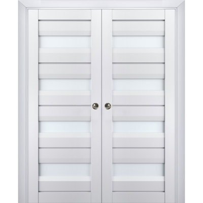 Portes coulissantes françaises doubles à galandage avec verre dépoli Veregio 7455 Blanc Soie Ensemble de garnitures Rail Quincaillerie Bois massif Intérieur Chambre Portes robustes 36" x 84" (2* 18x84)
