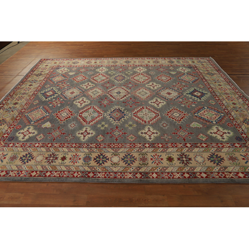 Geometric Gray Kazak Vegetable Dye Area Rug