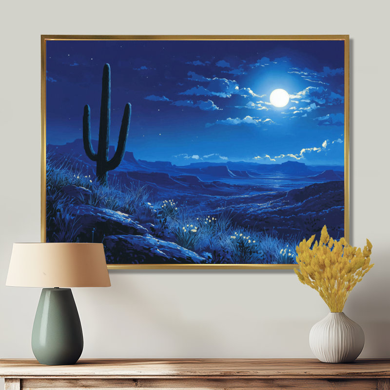 Marecz Saguaro Cactus sous les étoiles I - art mural cactus, H 24 po x l 32 po, Floater Framed, Doré
