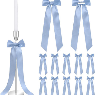 Dusty Blue Candlestick Bows Decor 13 Inch Large Coquette Decorative Bows for Table Self Adhesive Candle Holder Gift Wrapping Wedding Bridal Shower Bachelorette Party Centerpieces