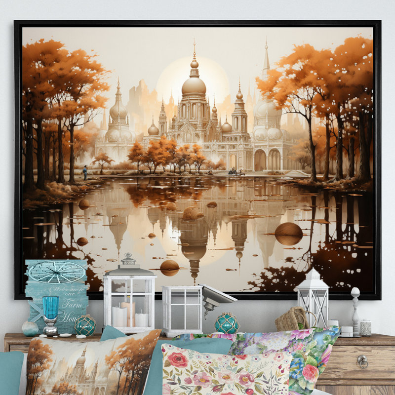 Hinduisim Art Temple Reflections III - Spiritual Wall Decor, H 34 po x l 44 po x P 1,5 po, Cadre flottant noir