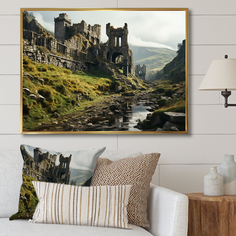 Irlande, château mystique I, H 16 po x l 32 po x P 1 po, Cadre flottant doré