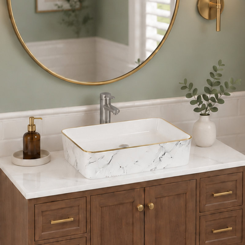 Lavabo-vasque rectangulaire en céramique, aspect marbre blanc, 48 cm (18,9 po) de largeur x 37 cm (14,56 po) de profondeur, avec bordure dorée et bonde standard de 4,4 cm (1,75 po).