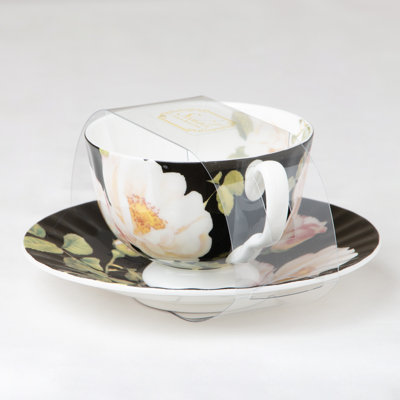 Bone China Midnight Blush Rose Teacups and Saucer Set, Set of 4