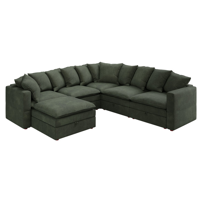  Canapé modulaire en velours côtelé avec rangement Wynter, Velours côtelé vert, H 28,7 po x l 105,5 po x P 105,6 po