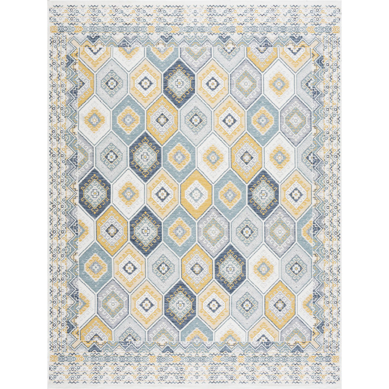 Deltufo Geometric Reversible Flatweave Indoor / Outdoor Area Rug, Rectangle 7'11'' x 10'3'', Navy/Yellow