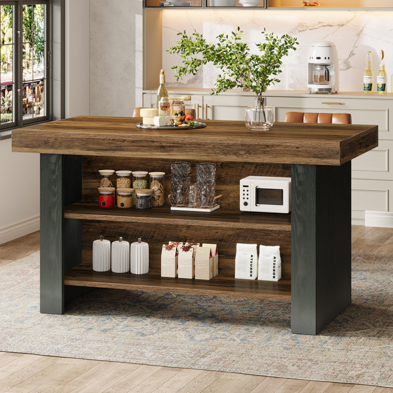55'' Farmhouse Kitchen Island With Open Storage Shelves, Black/Walnut