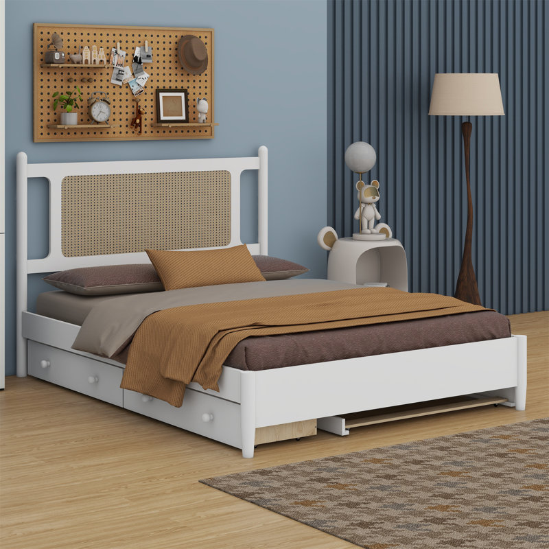 Lit plateforme en rotin de bois avec 2 grands tiroirs, lit gigogne, Blanc