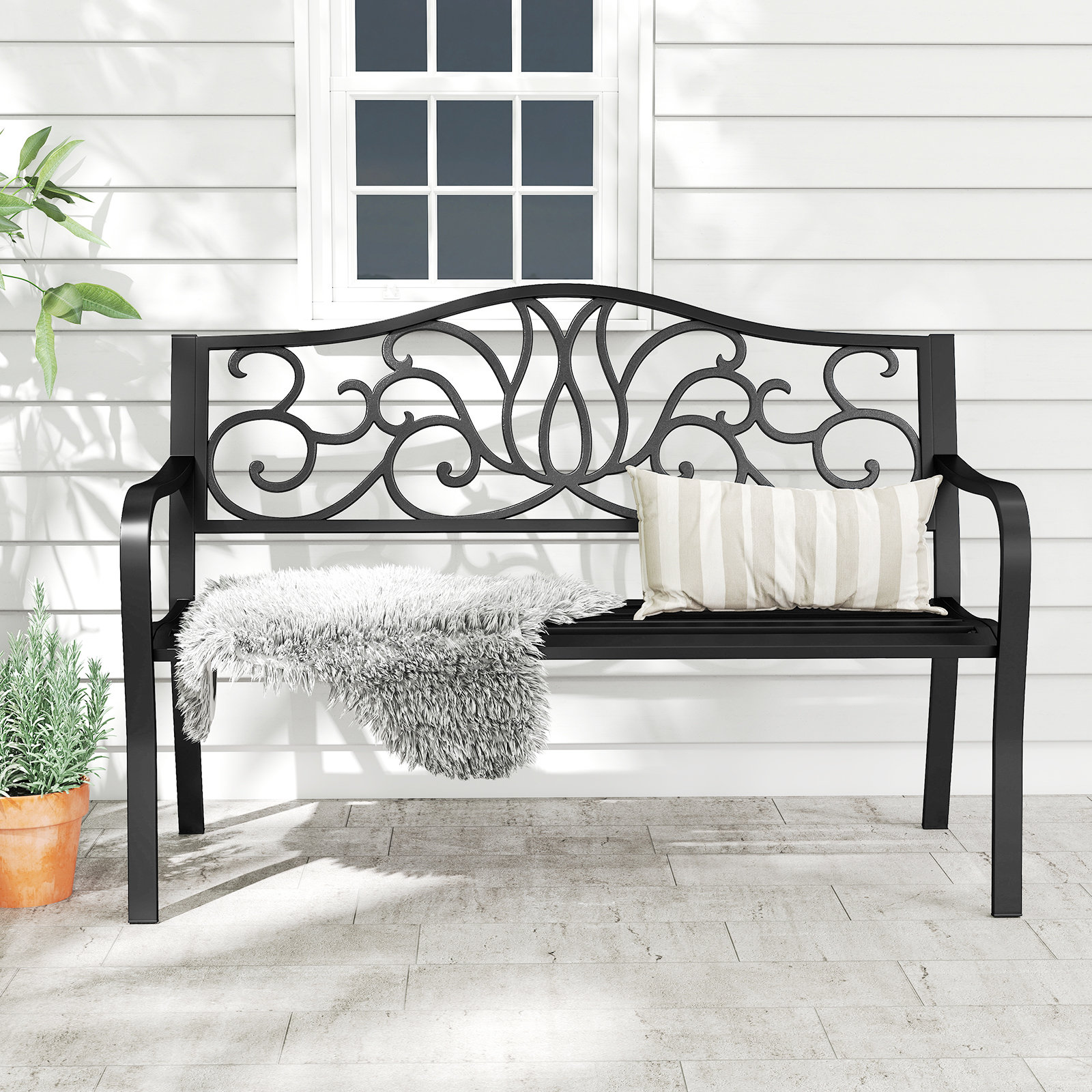 Fleur De Lis Living 2-person Metal Bench w/ Floral Pattern Slanted ...