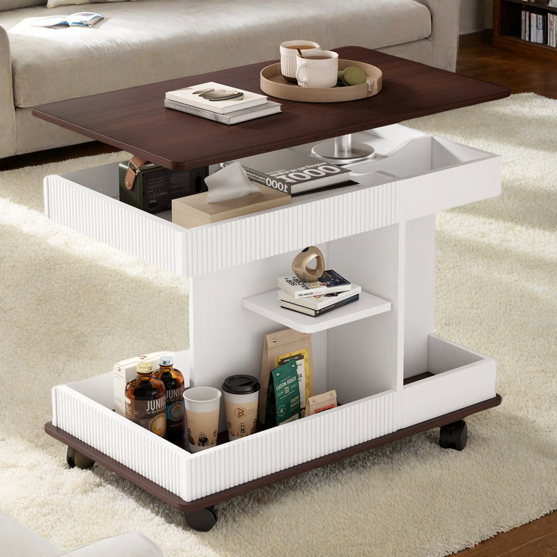 Adjustable End Table With Wheels, 360°rotating Top, Storage Space, Wood Grain Texture And Vertical Striped Design, White
