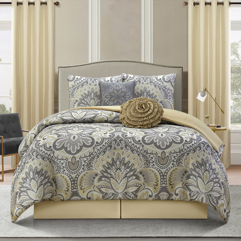 Ensemble d'édredon réversible en microfibre à motif floral Amelia, Gris/jaune, Queen Comforter + 7 Additional Pieces