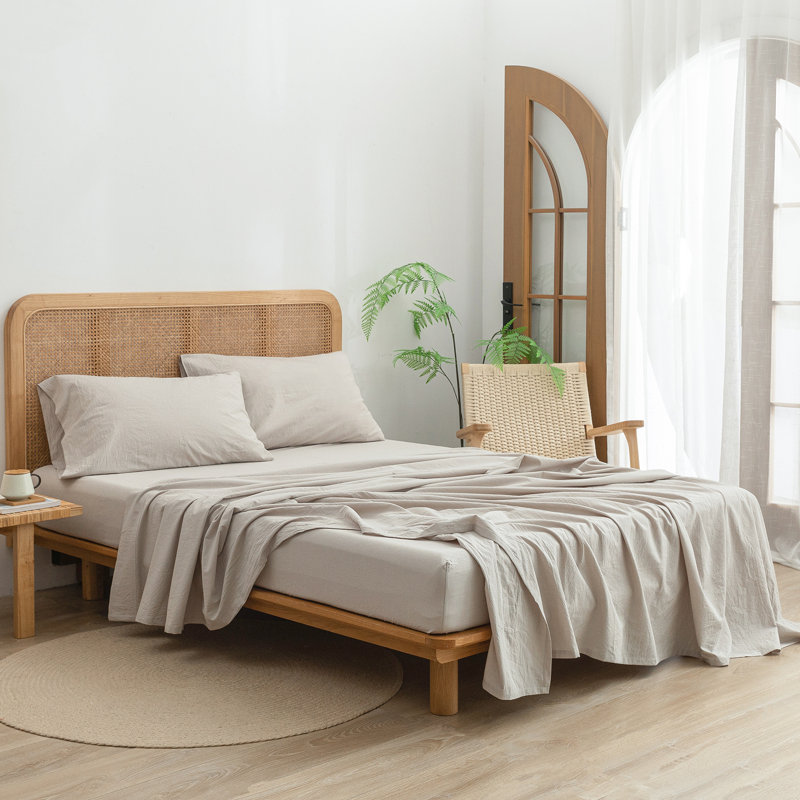 Ensemble de draps 100% coton délavé Bestouch, Lin gris, Ensemble de draps pour grand lit avec 2 taies d'or