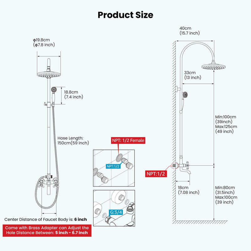 Triple Function Exposed Shower System with 8" Rain Showerhead, Handheld Sprayer & Tub Spout – Adjustable Height