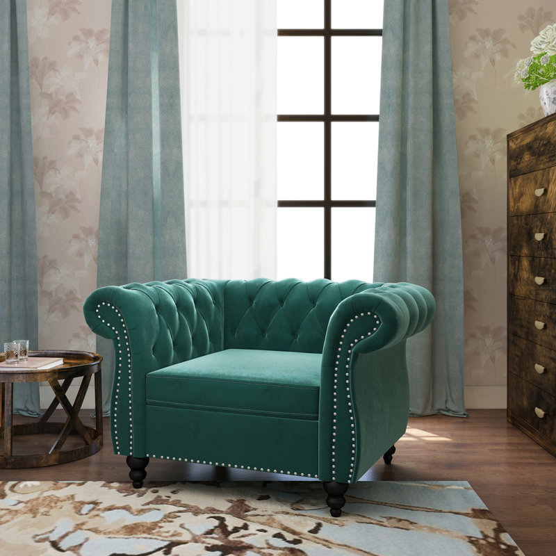 Green Velvet Chesterfield Accent Chair with Nailhead Trim