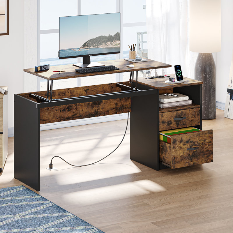 59.84" W Lift Top Computer Desk with Power Outlets, Rustic Brown