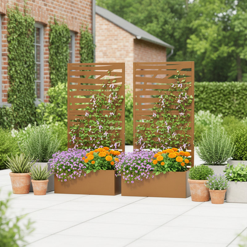 Boîte à fleurs en métal avec treillis, H 59 po x l 30 po x P 12 po, Brun