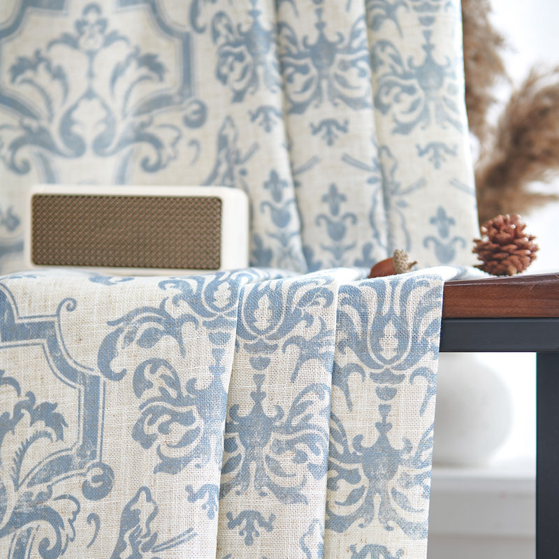 Grommet Vintage Damask Patterned Linen Curtains for Bedroom Vintage Curtains, 52" W x 63" L, Slate Blue