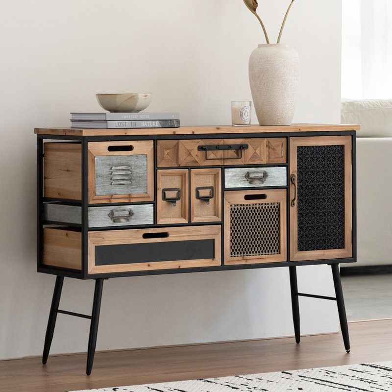 Console industrielle moderne, buffet de rangement multi-tiroirs avec pieds en métal, bois naturel et noir