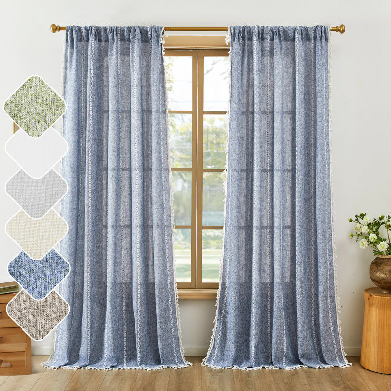 Semi Sheer Rod Pocket Curtain Panel with Tassel Fringe – Faux Linen Textured, Light Filtering, 1 Panel, 52" W x 54" L, Blue
