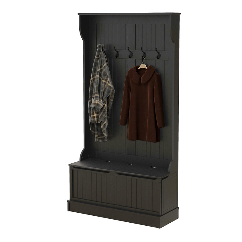 3-In-1 Entryway Hall Tree With Storage Bench, Coat Rack With Four Hooks And Shoe Storage, Black, Black